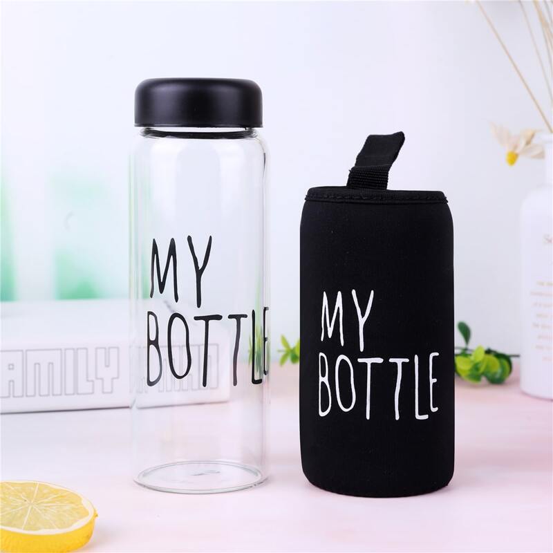 

1pc Slogan Graphic Water Bottle With Cover, Black
