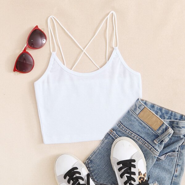 

Solid Criss Cross Back Ribbed Cami Top, White