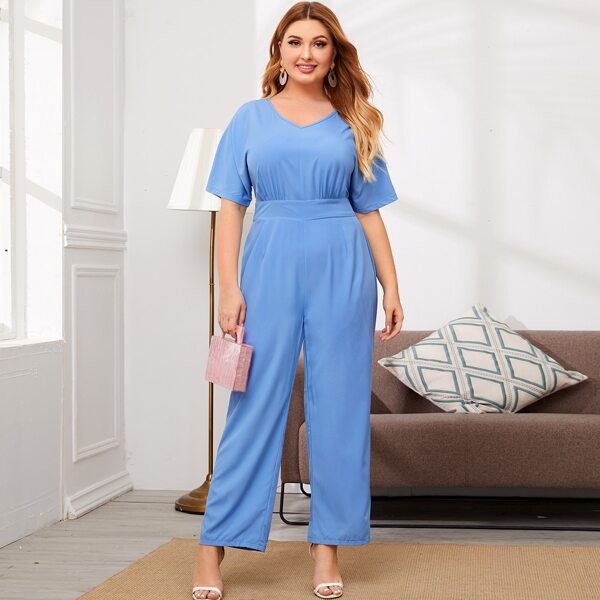 

Plus Batwing Sleeve V-neck Wide Leg Jumpsuit, Blue