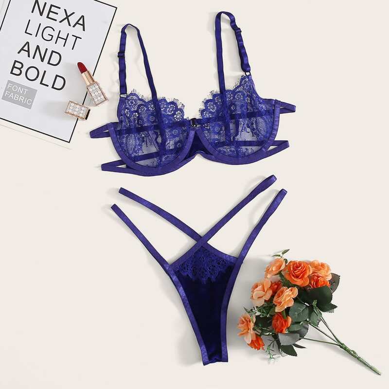 

Eyelash Lace Underwire Lingerie Set, Blue