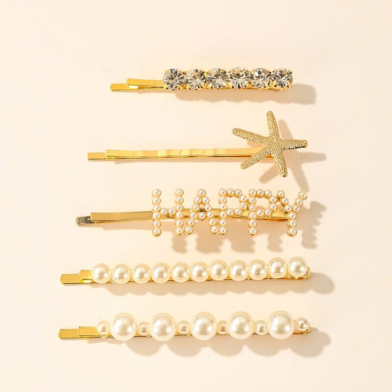 

5pcs Rhinestone Faux Pearl Bobby Pin, Gold