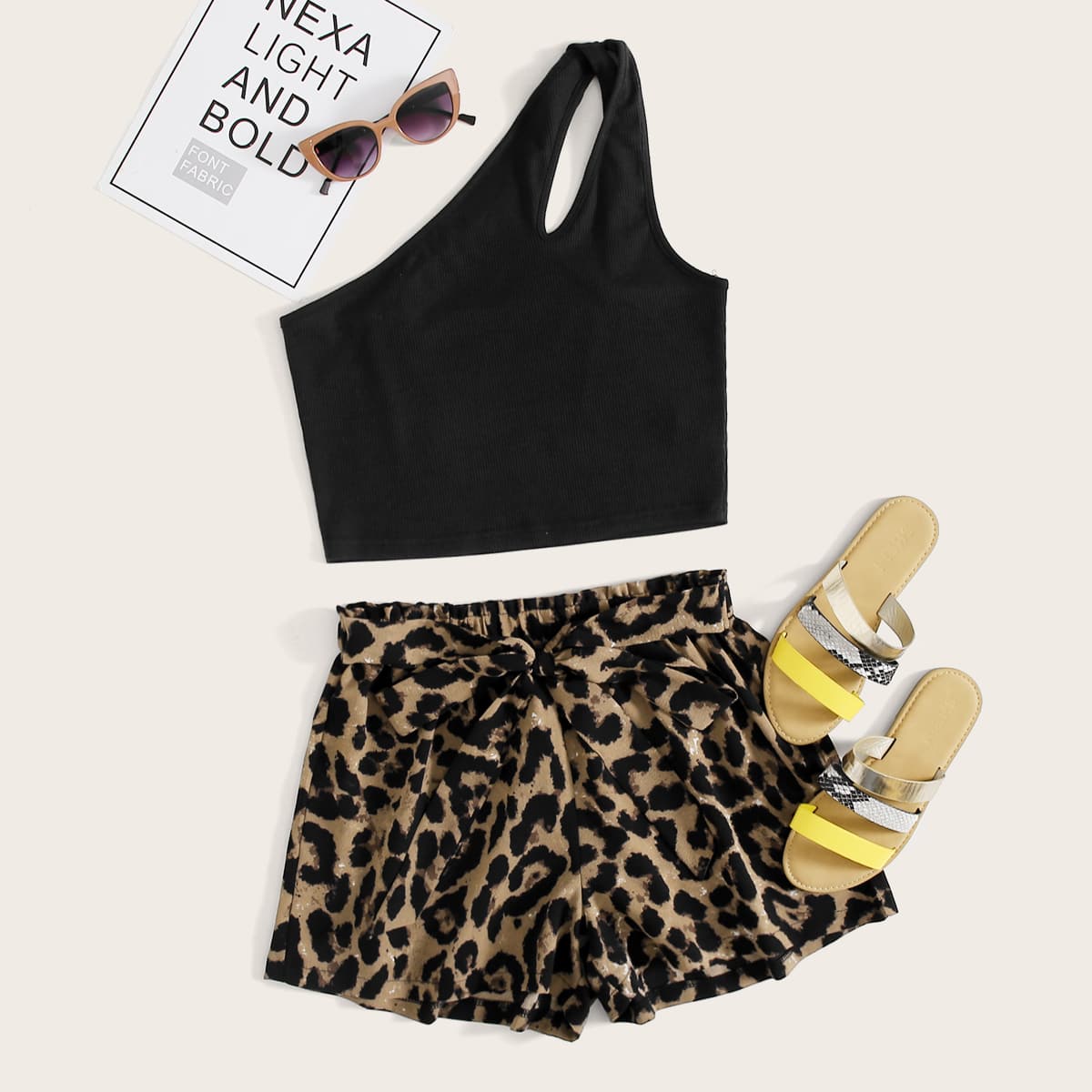 

One Shoulder Top & Leopard Print Belted Shorts, Multicolor