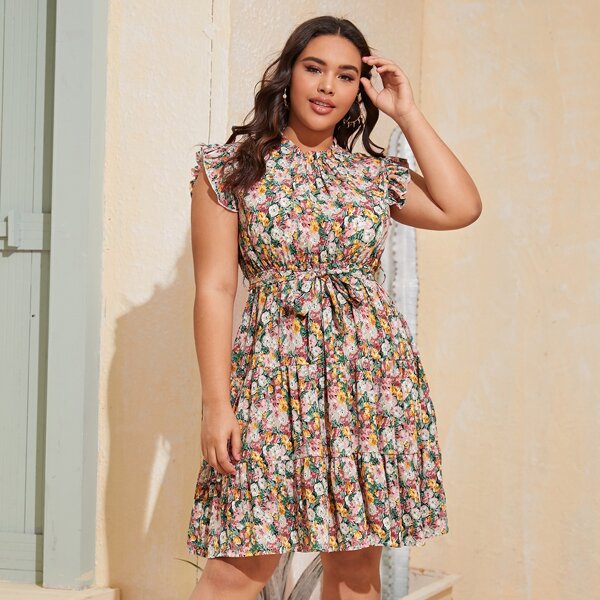 

Plus Allover Floral Frill Neck Belted A-line Dress, Multicolor