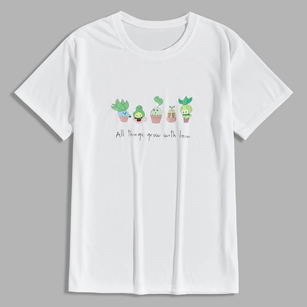 

Men Cartoon Plants & Slogan Graphic Tee, White