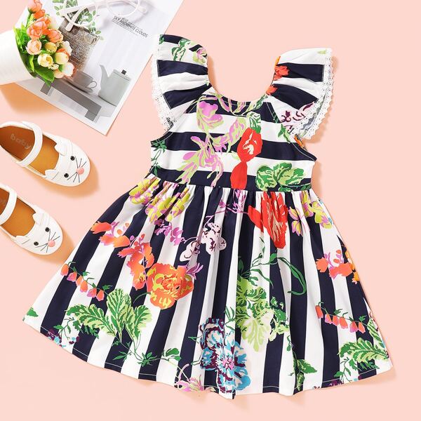 

Toddler Girls Bardot Contrast Lace Striped Tropical Print Dress, Multicolor
