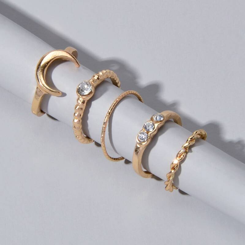 

5pcs Rhinestone Engraved Ring, Gold
