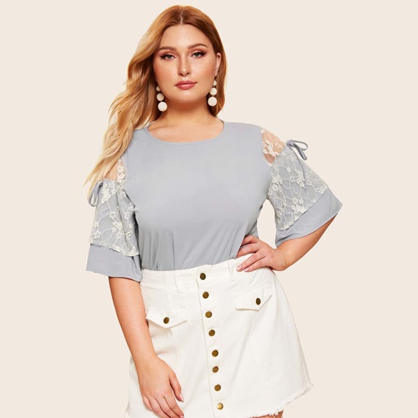 

Plus Contrast Lace Knotted Blouse, Grey