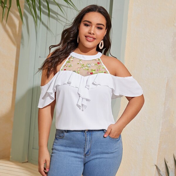 

Plus Cold Shoulder Ruffle Trim Embroidered Blouse, White