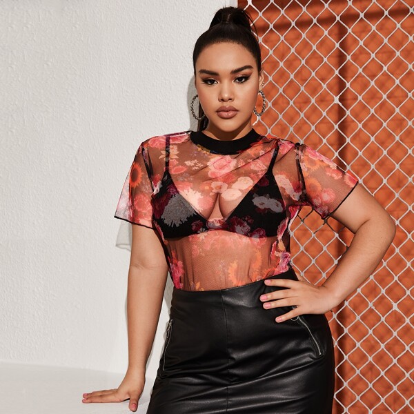 

Plus Floral Print Sheer Mesh Top, Black