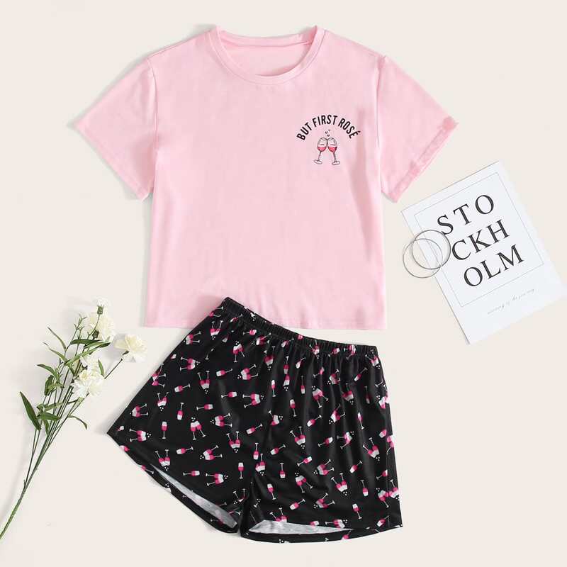 

Goblet And Slogan Graphic Pajama Set, Multicolor