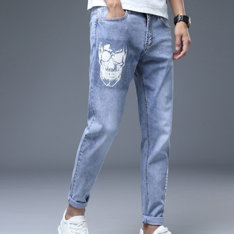 

Guys Skull & Letter Graphic Jeans, Blue