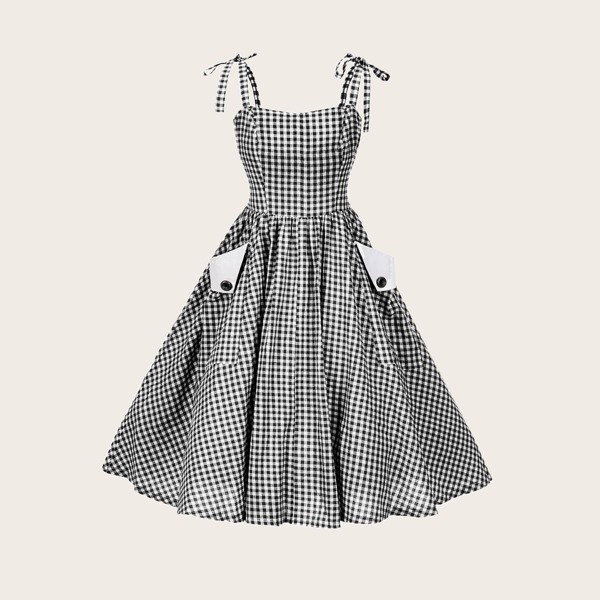 

Plus Gingham Print Ball Gown Cami Dress, Black and white