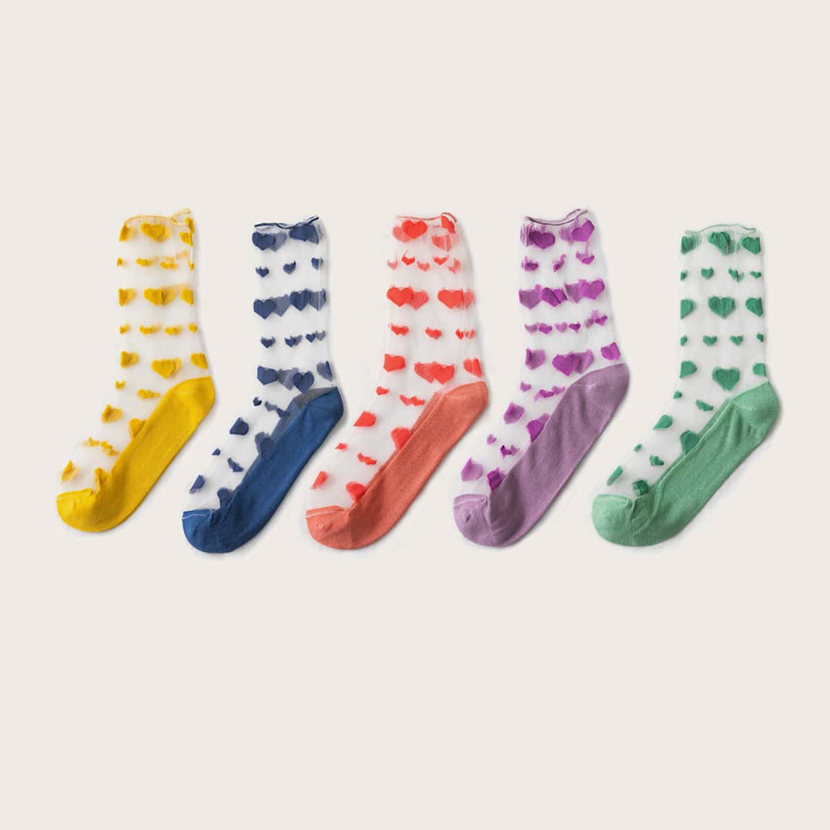 

5pairs Heart Pattern Mesh Socks, Multicolor