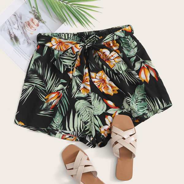 

Self Belted Tropical Print Shorts, Multicolor
