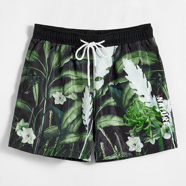 

Men Drawstring Waist Tropical Print Wind Shorts, Multicolor