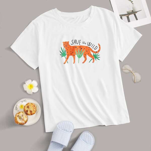 

Plus Leopard & Slogan Graphic Sleep Top, White