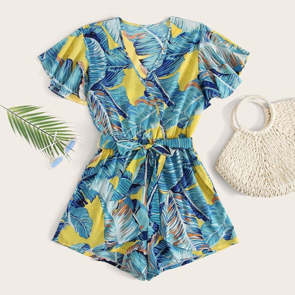 

Plus Tropical Print Butterfly Sleeve Belted Romper, Blue