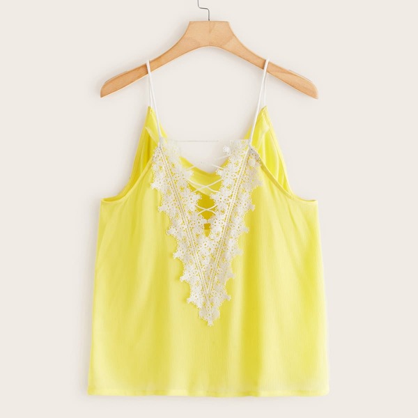 

Plus Lace Panel Lace Up Cami Top, Yellow bright