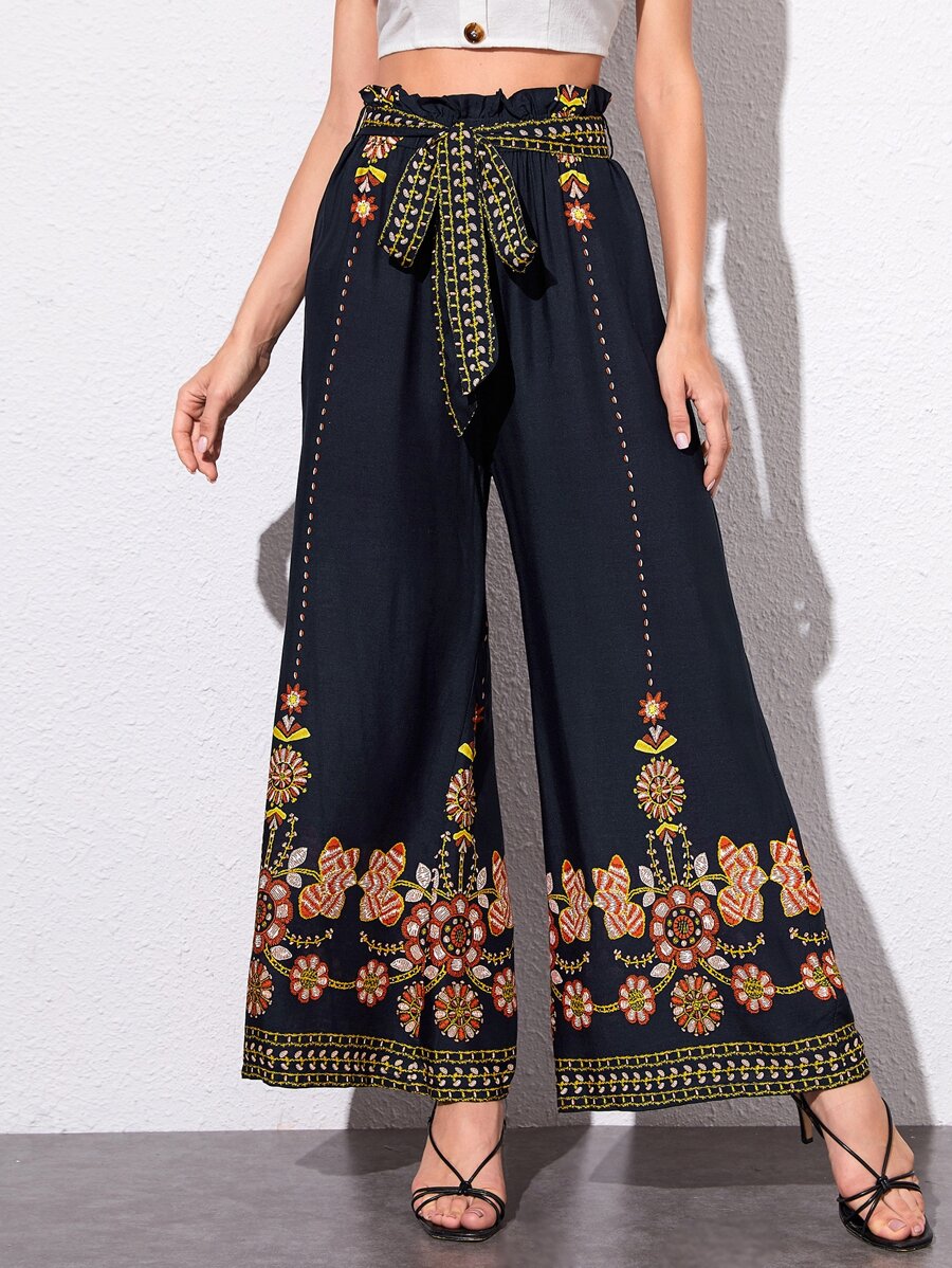 SHEIN Pantalones anchos con bordado floral de cintura con volante - Azul Marino - Ver 1