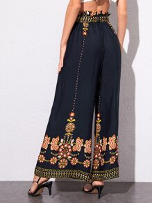 SHEIN Pantalones anchos con bordado floral de cintura con volante - Azul Marino - Ver 2