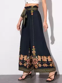 SHEIN Pantalones anchos con bordado floral de cintura con volante - Azul Marino - Ver 3