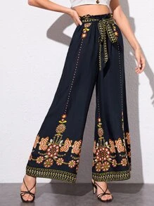 SHEIN Pantalones anchos con bordado floral de cintura con volante - Azul Marino - Ver 4