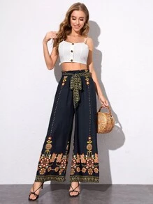 SHEIN Pantalones anchos con bordado floral de cintura con volante - Azul Marino - Ver 5