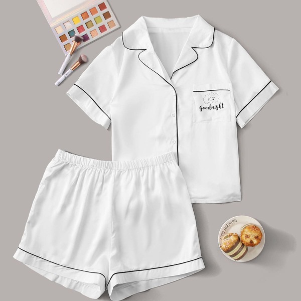 

Plus Contrast Binding Letter Graphic Satin PJ Set, White