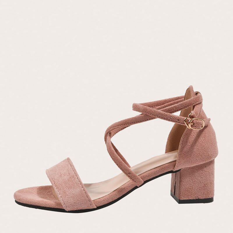 

Open Toe Cross Strap Suede Block Heels, Pink