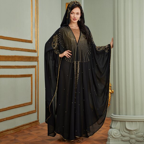 

Rhinestone & Beaded V-neck Maxi Kaftan, Black