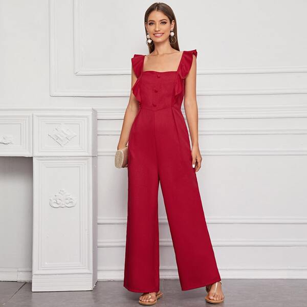 

Covered Button Ruffle Wide Leg Jumpsuit, Red