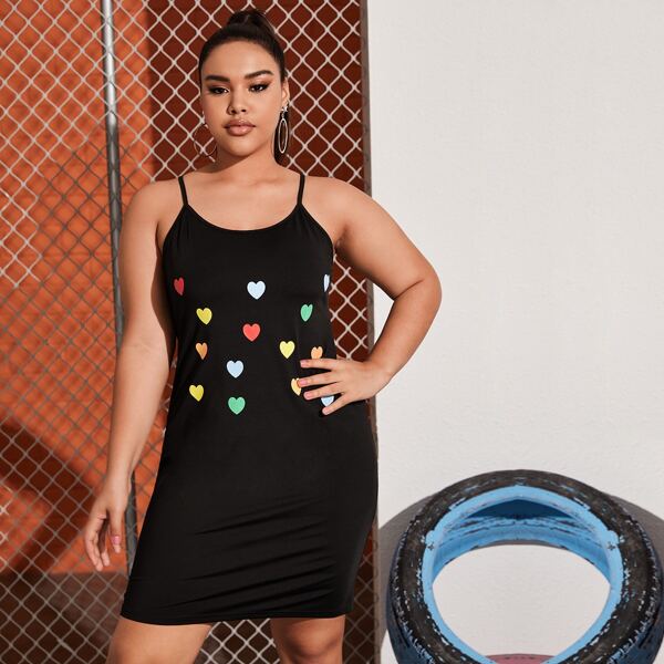 

Plus Heart Print Cami Dress, Black