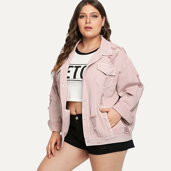 

Plus Ripped Button Front Denim Jacket, Pink