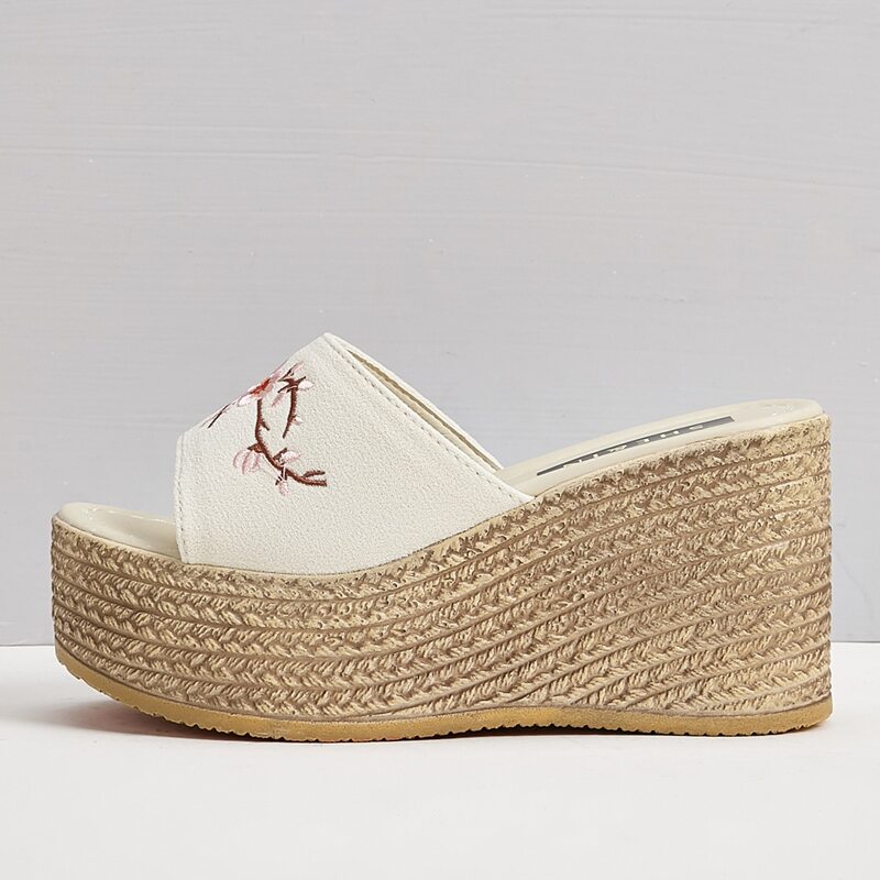 

Floral Embroidered Wedge Mules, White