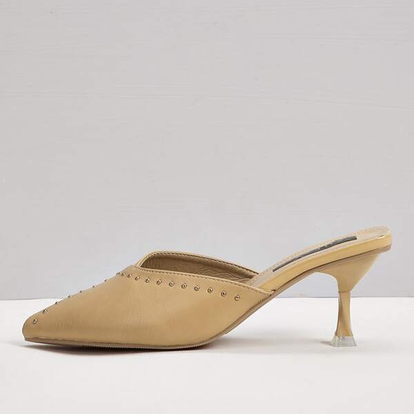 

Studded Decor Point Toe Stiletto Heeled Mules, Khaki