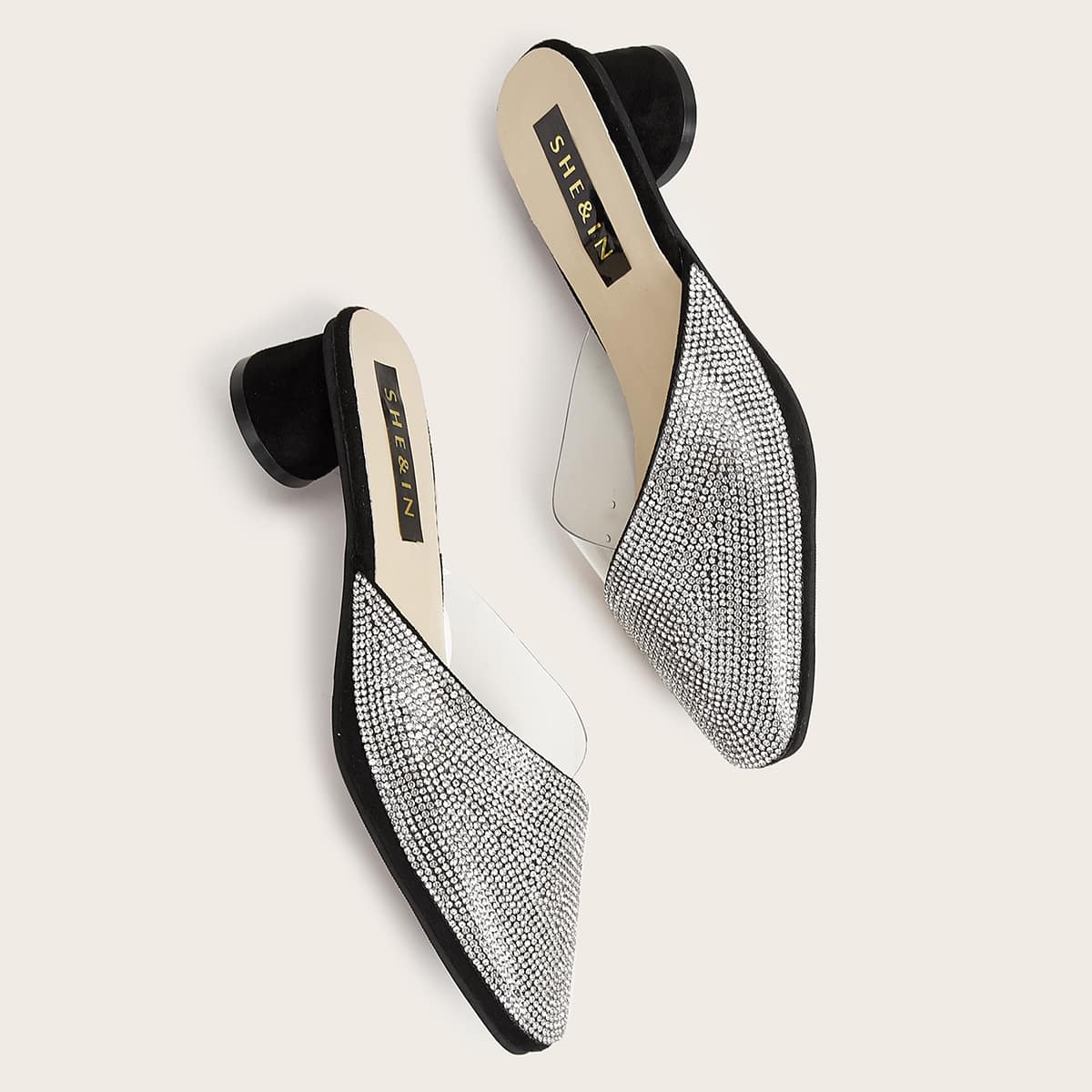 

Rhinestone Detail Heeled Mules, Silver
