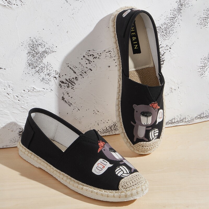 

Cap Toe Cartoon Graphic Flats, Black