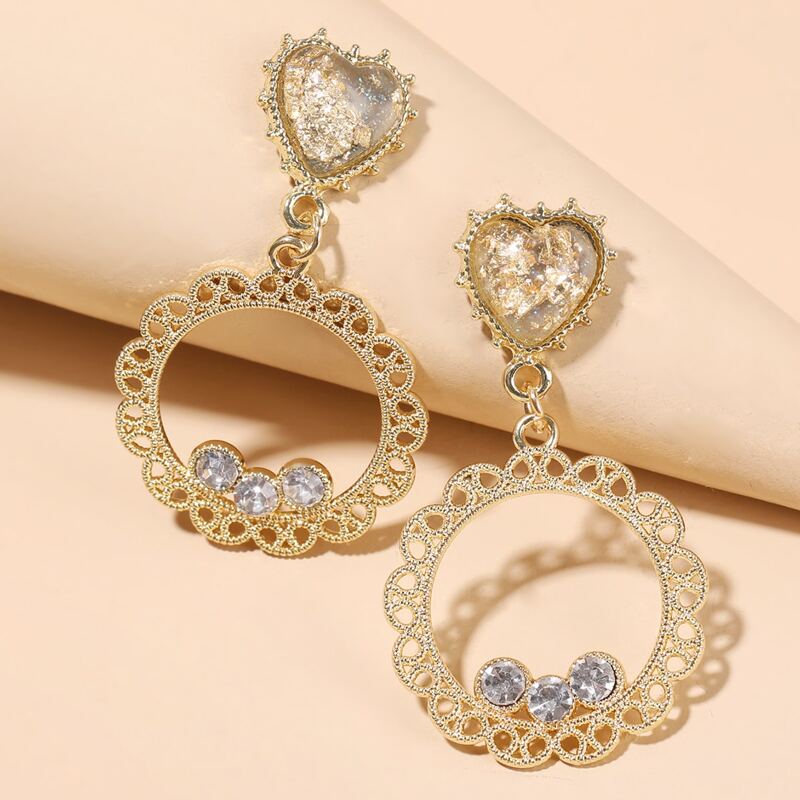 

Rhinestone Engraved Drop Earrings, Gold