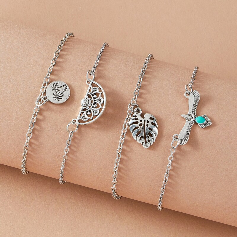 

4pcs Leaf Charm Bracelet, Silver