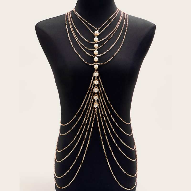 

Faux Pearl Decor Body Chain, Gold