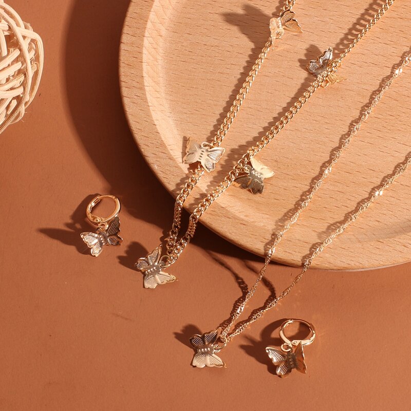 

1pair Butterfly Charm Drop Earrings & 2pcs Necklace, Gold