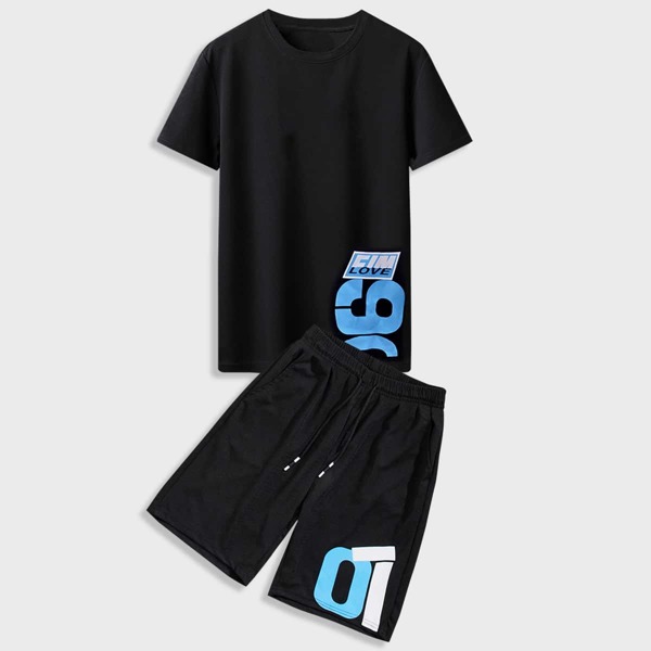 

Men Letter Graphic Tee & Drawstring Track Shorts, Black