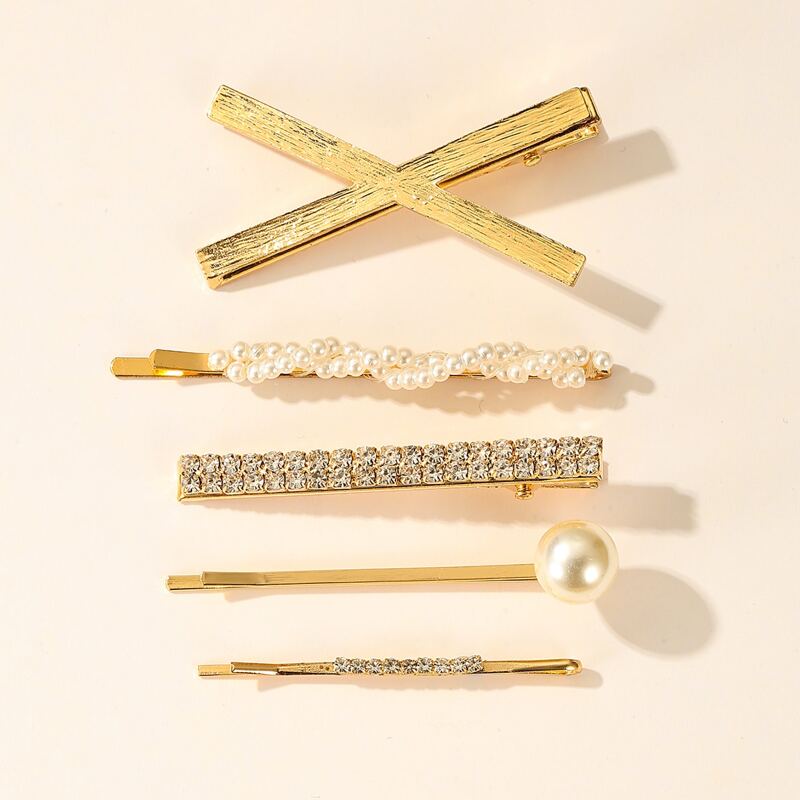 

5pcs Rhinestone Faux Pearl Hair Clip, Gold