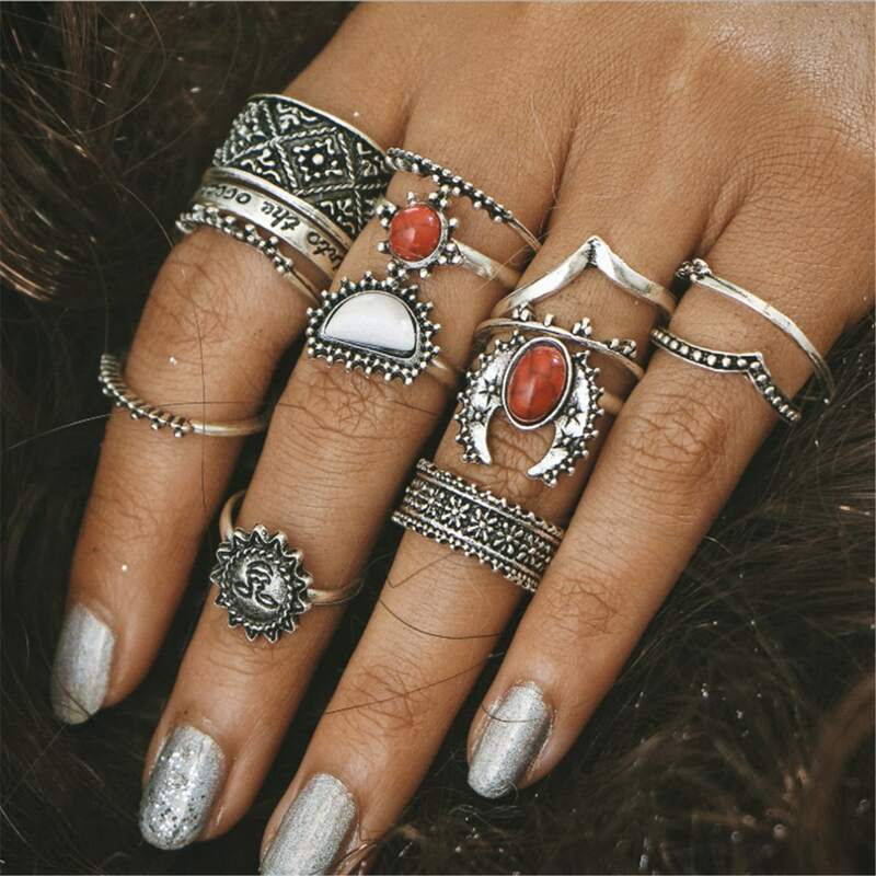 

14pcs Vintage Flower Pattern Ring, Silver