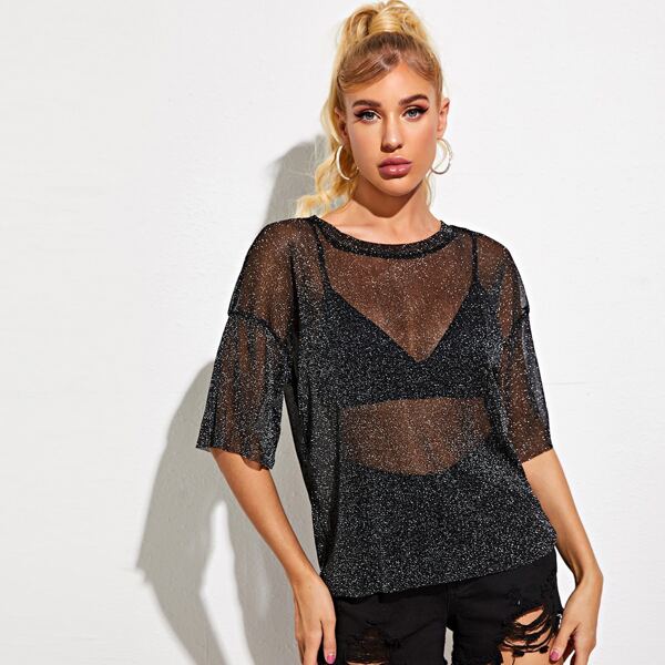 

Glitter Drop Shoulder Sheer Top Without Bra, Black