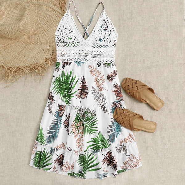

Leaf Print Crochet Panel Crisscross Mini Dress, Multicolor