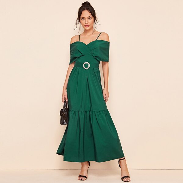 

Foldover Cold Shoulder Rhinestone Detail Tiered Hem Dress, Green