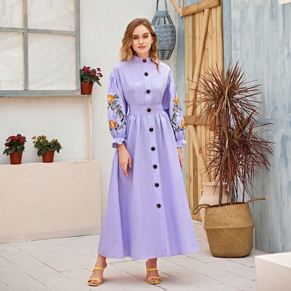

Embroidered Floral Flounce Sleeve Button Front Dress, Purple