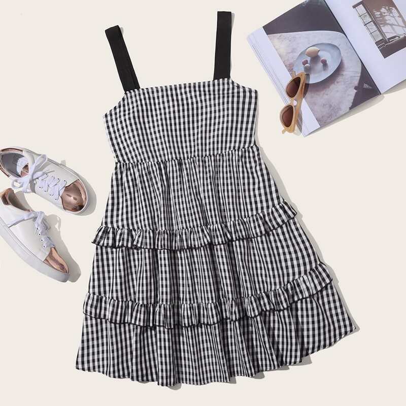 

Ruffle Trim Gingham Cami Dress, Black and white