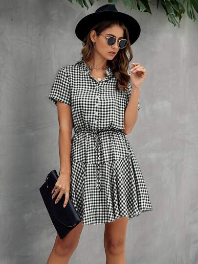 Ruffle Hem Gingham Shirt Dress
